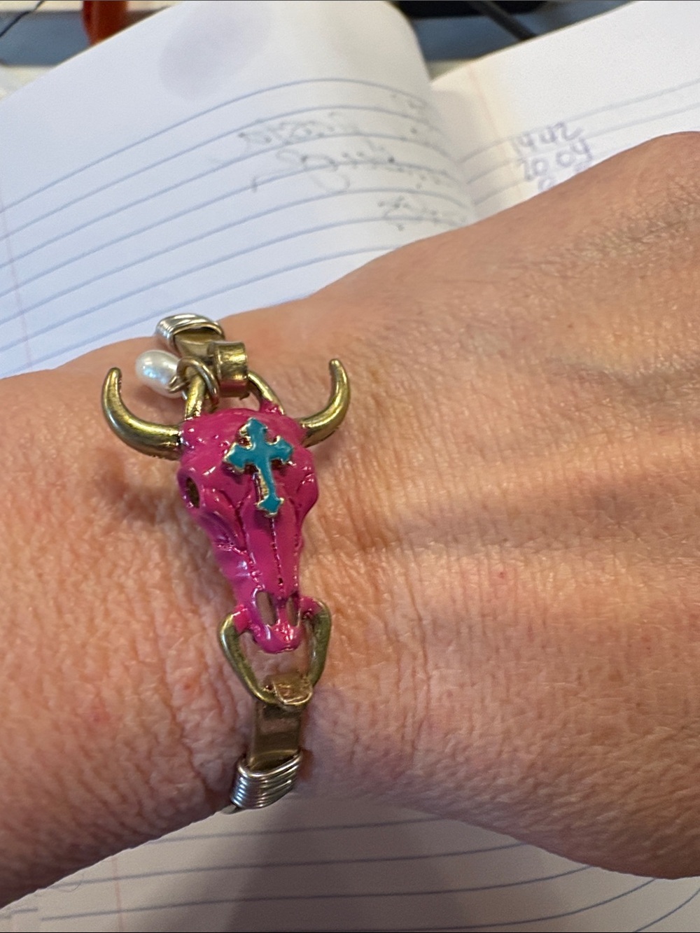 Pink Bull Skull Charm Bracelet with Turquoise Cross Accent - Women’s Jewelry